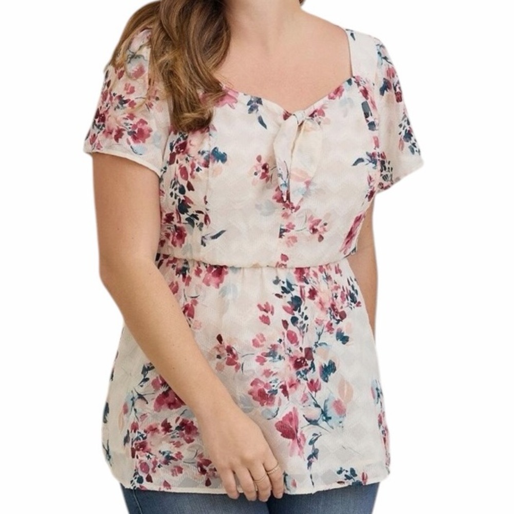 Torrid Cream with Pink Floral Tie-Front Textured Crepe Blouse 2X